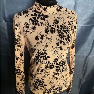 Long Sleeve Mock Neck Floral Top in Beige and Black